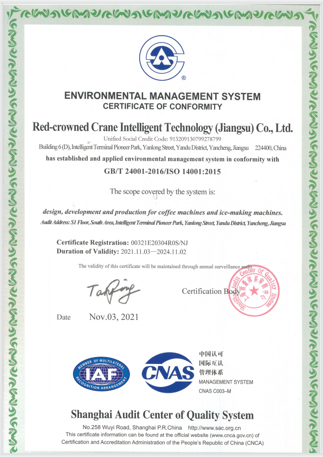 ISO 14001 -- 2015 Environmental Management System Certificate